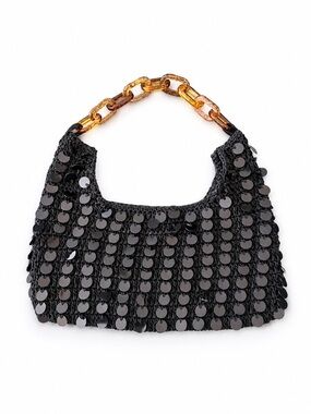Black Sequin Raffia Shoulder Bag with Tortoiseshell Chain Anju Artisan vintage